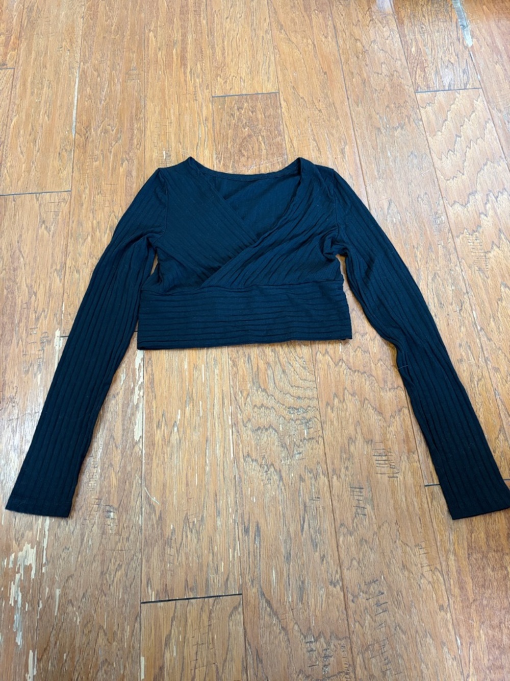 SHEIN Black Ribbed Wrap-Front Long Sleeve Crop Top